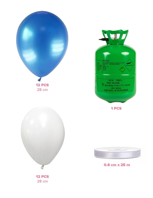 Komplet steklenice s helijem z 12 belimi baloni, 12 modrimi baloni in trakom