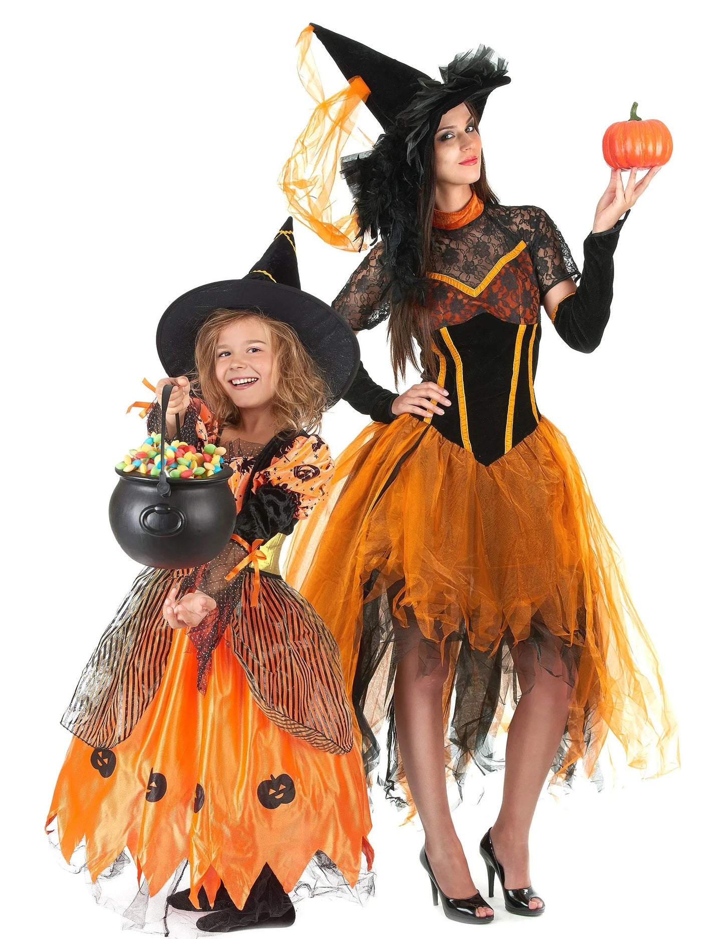 Déguisement de couple sorcière orange mère et fille Halloween