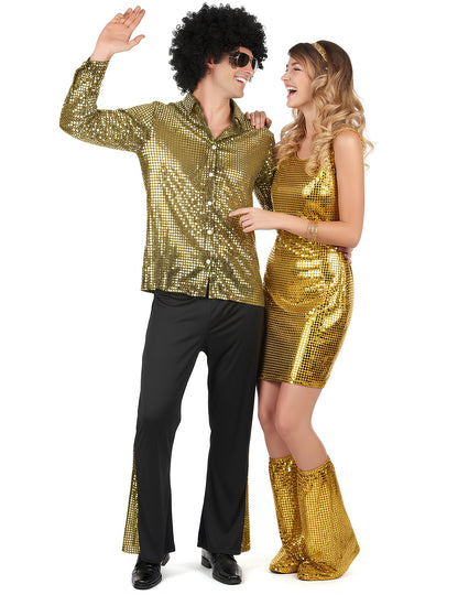 Kostum za par z zlatimi bleščicami za odrasle v disko slogu