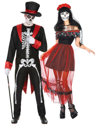 Elegantni kostum za par skeletov Día de los Muertos, rdeč in črn, za odrasle, za noč čarovnic