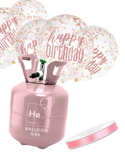 Komplet steklenice helija s 6 konfeti baloni Happy Birthday in trakom