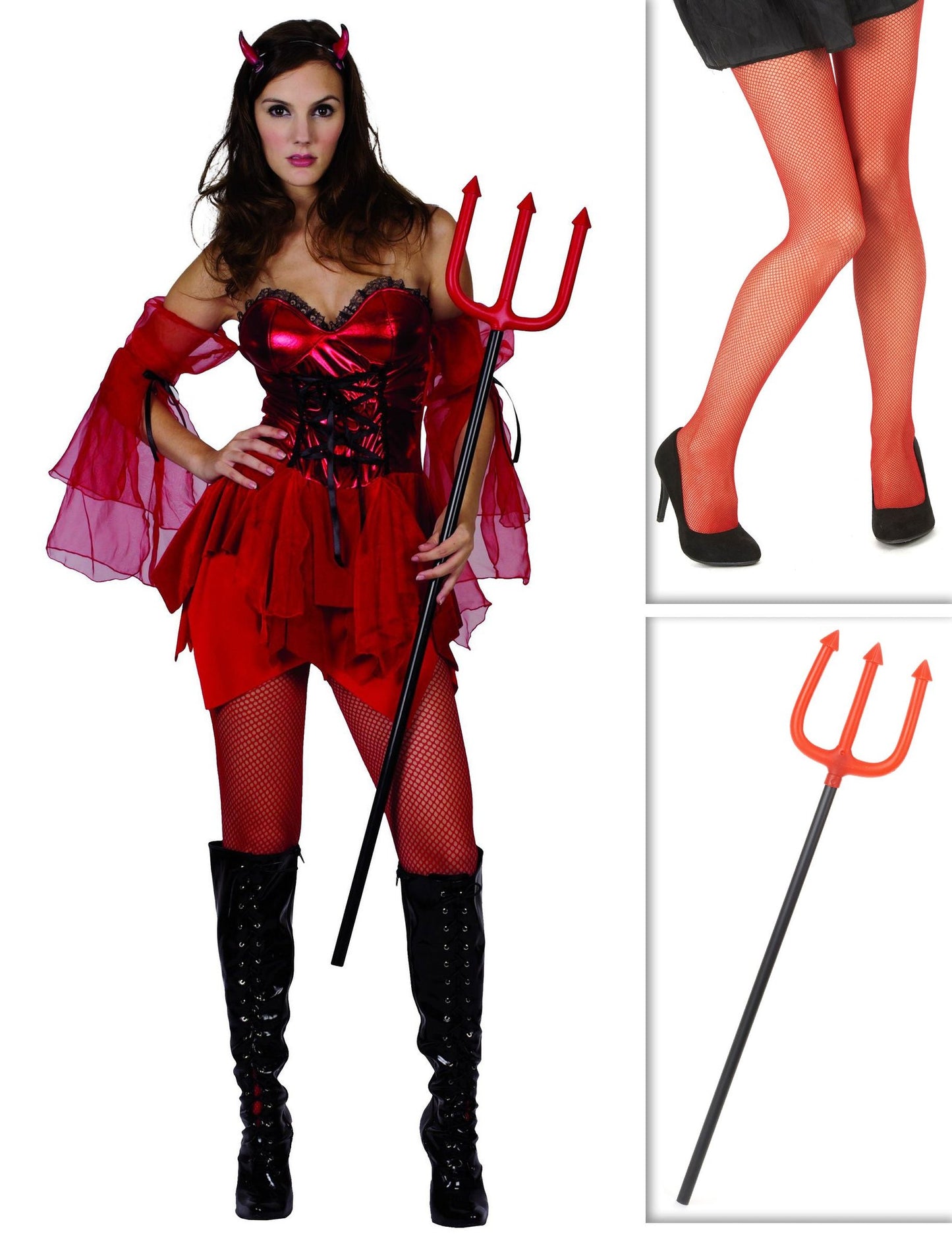 Paket kostum hudičnice za ženske s hlačnimi nogavicami in Halloween dodatkom na vilice