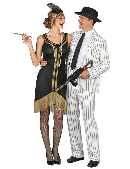 Déguisement de couple gangster blanc et charleston noir et or adultes