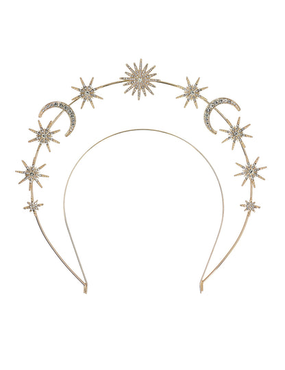 Détail des lunes et étoiles de la tiare métallique soleil, lunes et étoiles