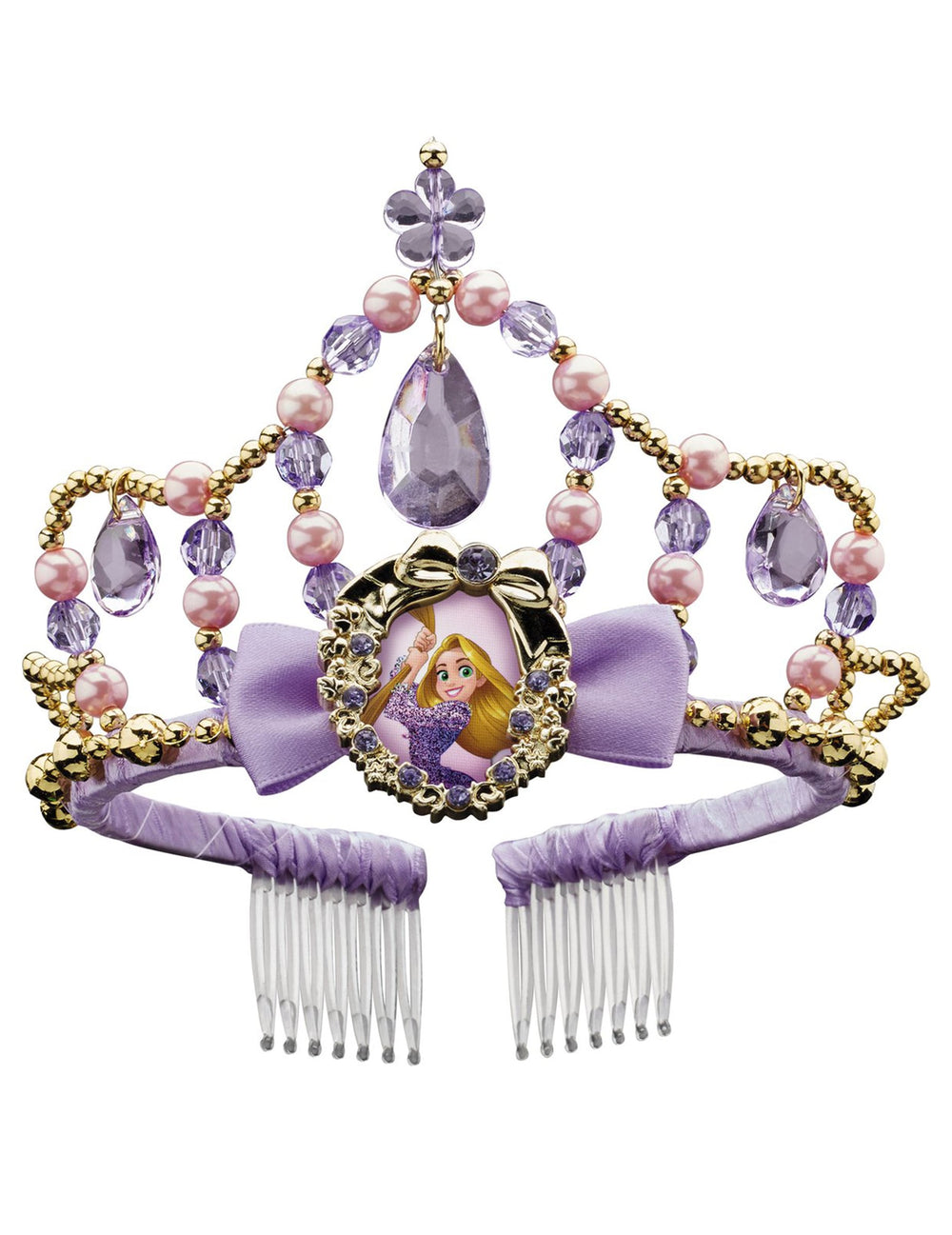 Tiare Raiponce pour fille violette et dorée avec perles roses