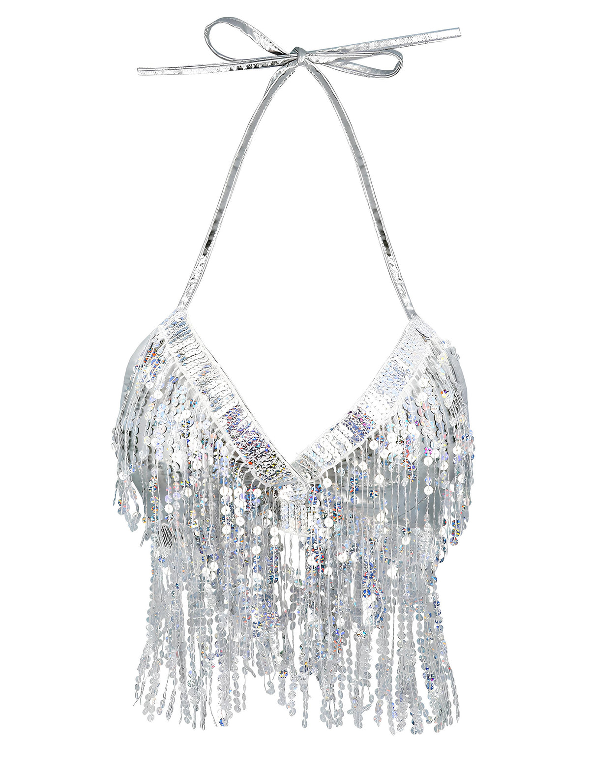 Vue de face du top avec franges et sequins pour femme