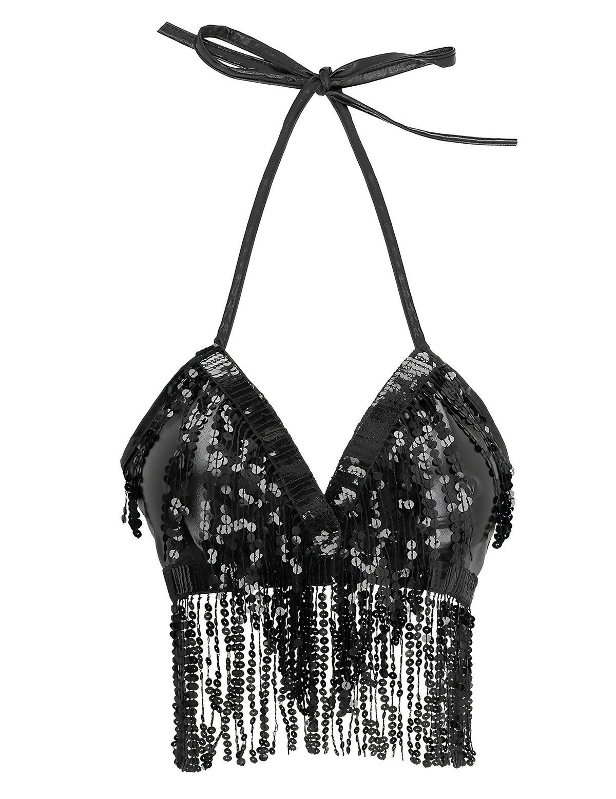 Vue de face du top avec franges et sequins pour femme noir