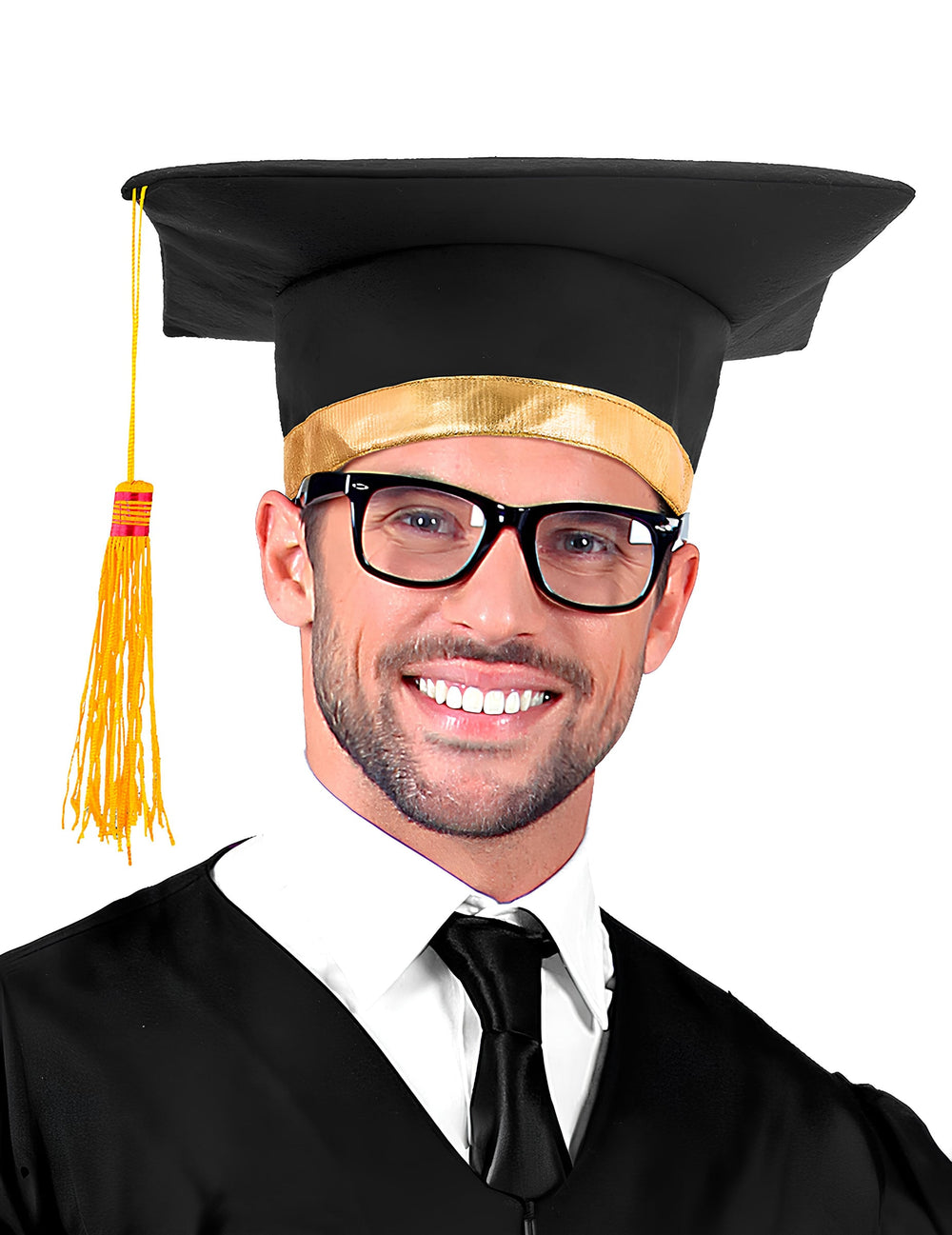 Toque de diplômé pour adulte noire et dorée avec pompon