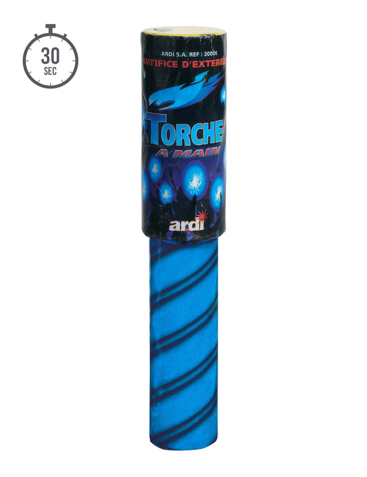 Vue de face de la torche à main à mèche pour supporter bleue 30 secondes