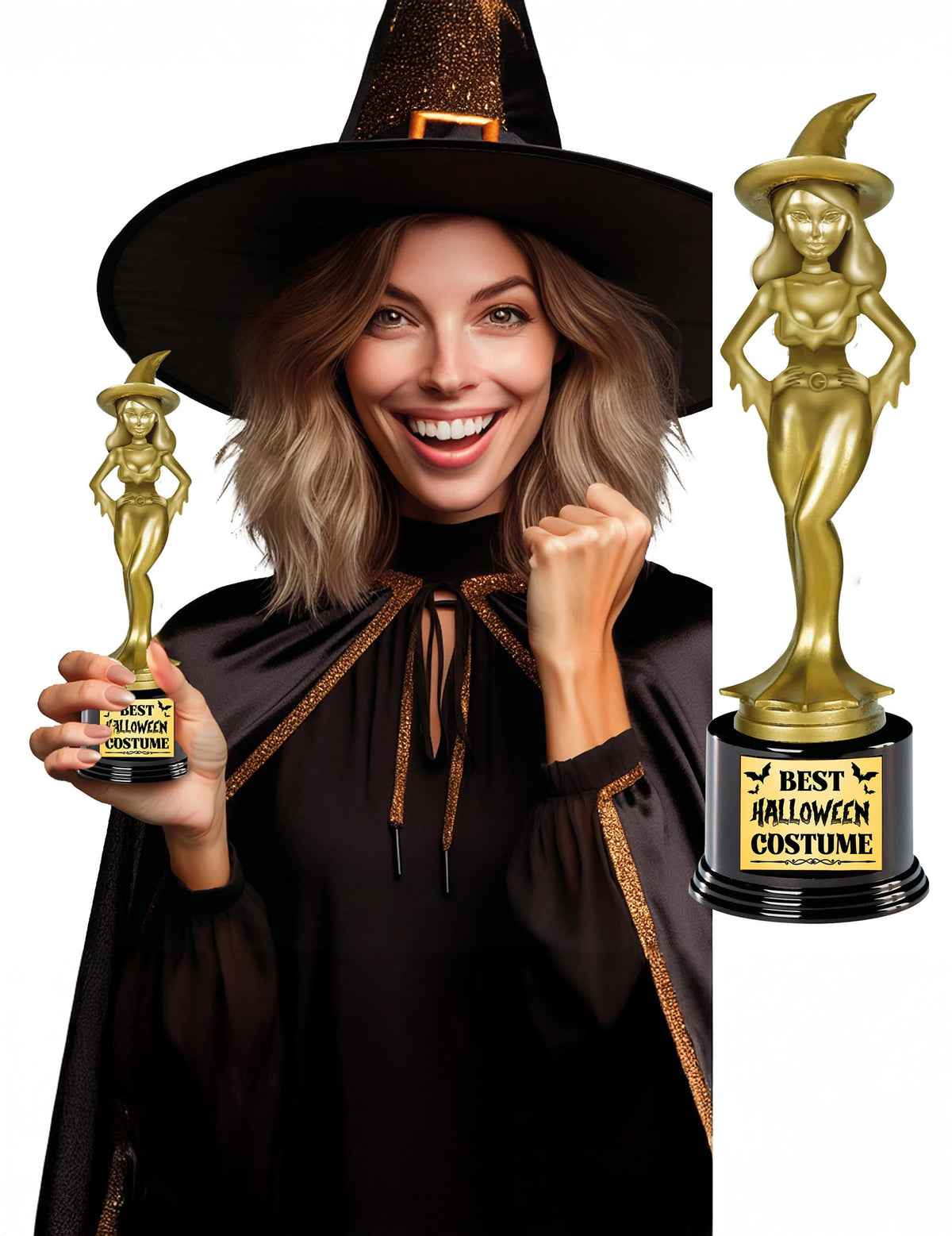 Trophée sorcière meilleur costume d'Halloween pour adulte doré et noir