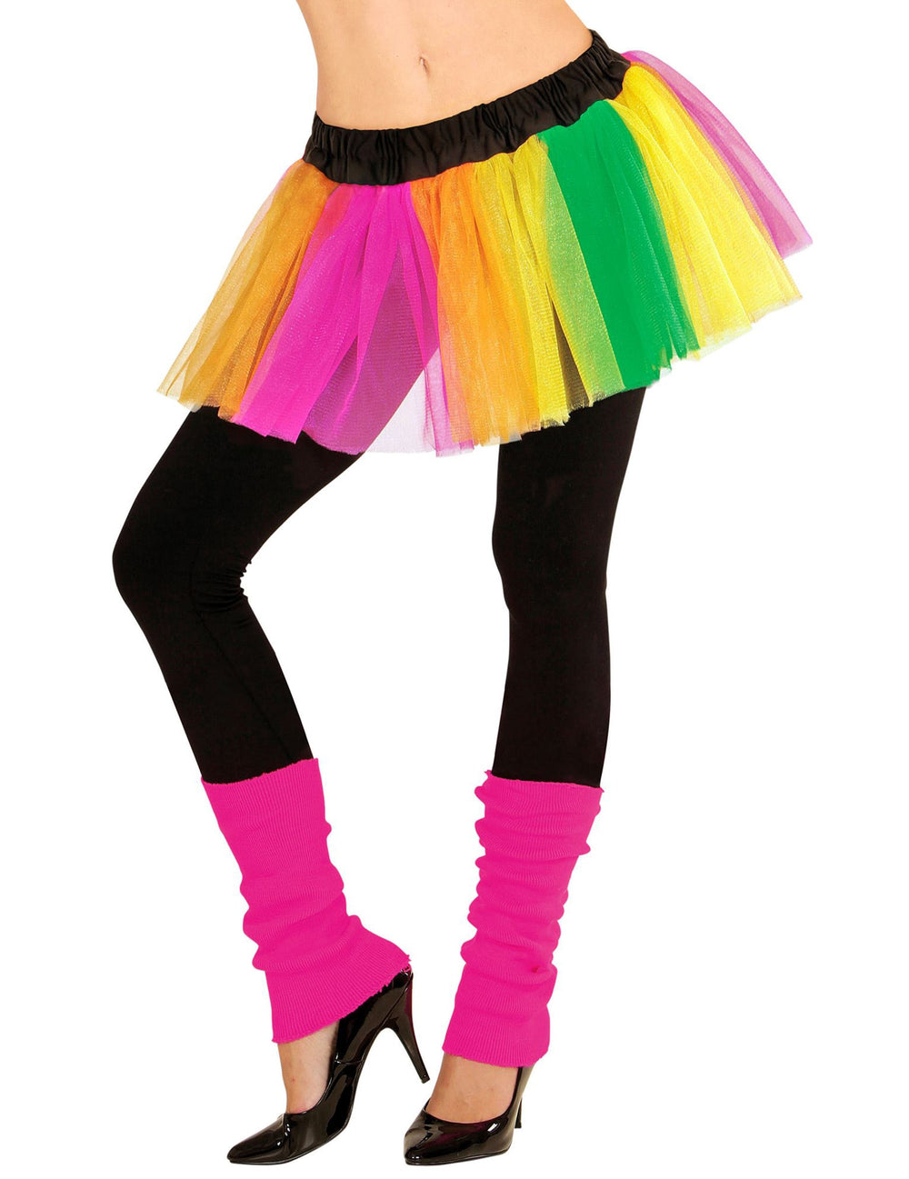 Vue de face du tutu court multicolore fluo arc-en-ciel