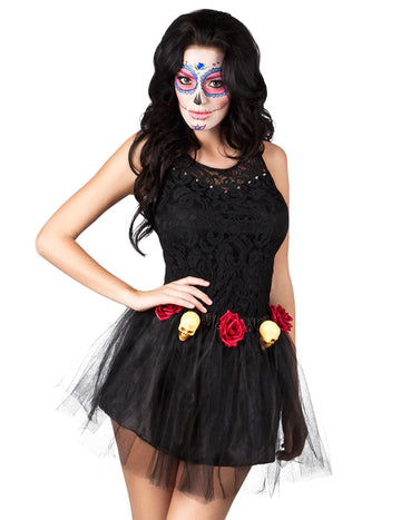Black Tutu Skeleton in Pink Woman Dia de los Muertos