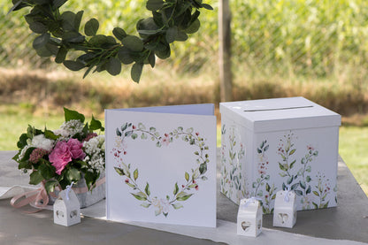 Kartonska škatla za poročno voščilnico z botaničnim vzorcem, 20 x 20 x 20 cm cm romantično bela
