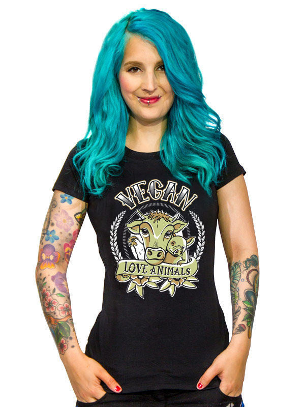 Vegan Girlie majica - Vegan Love Animals črno-pisano 