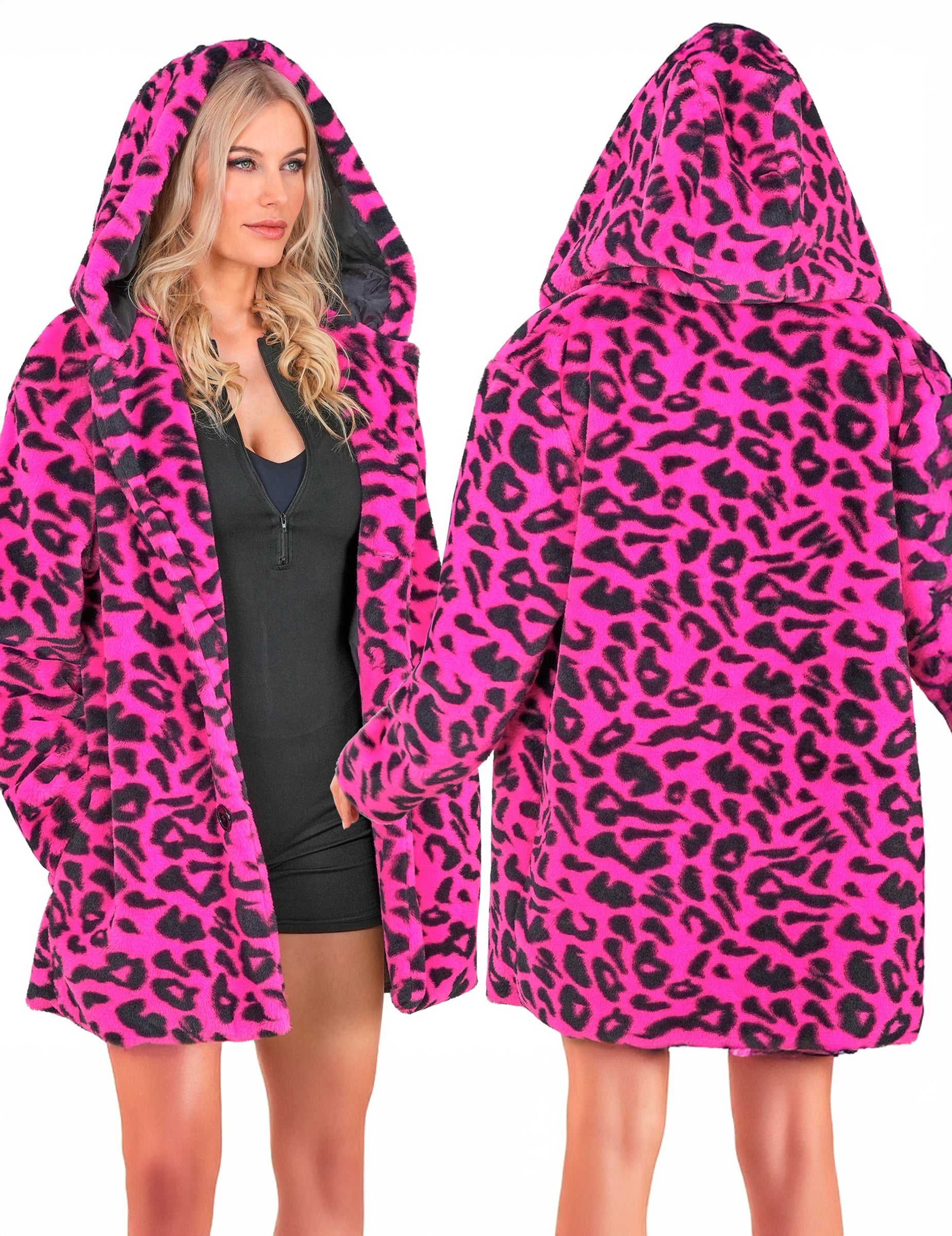 Vues de face et de dos de la veste à capuche léopard