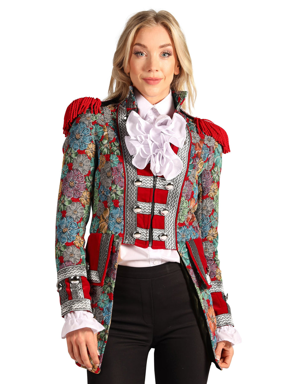Veste de carnaval motif floral haut de gamme pour femme multicolore avec jabot et épaulettes rouges