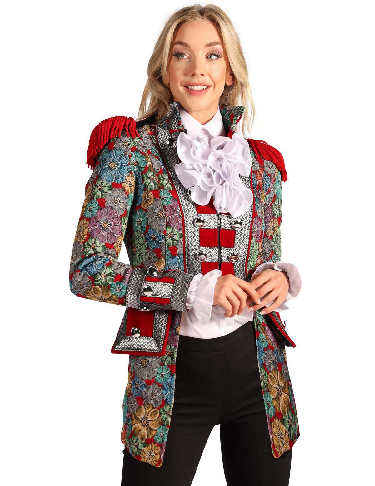 Vue de face de la veste de carnaval motif floral haut de gamme