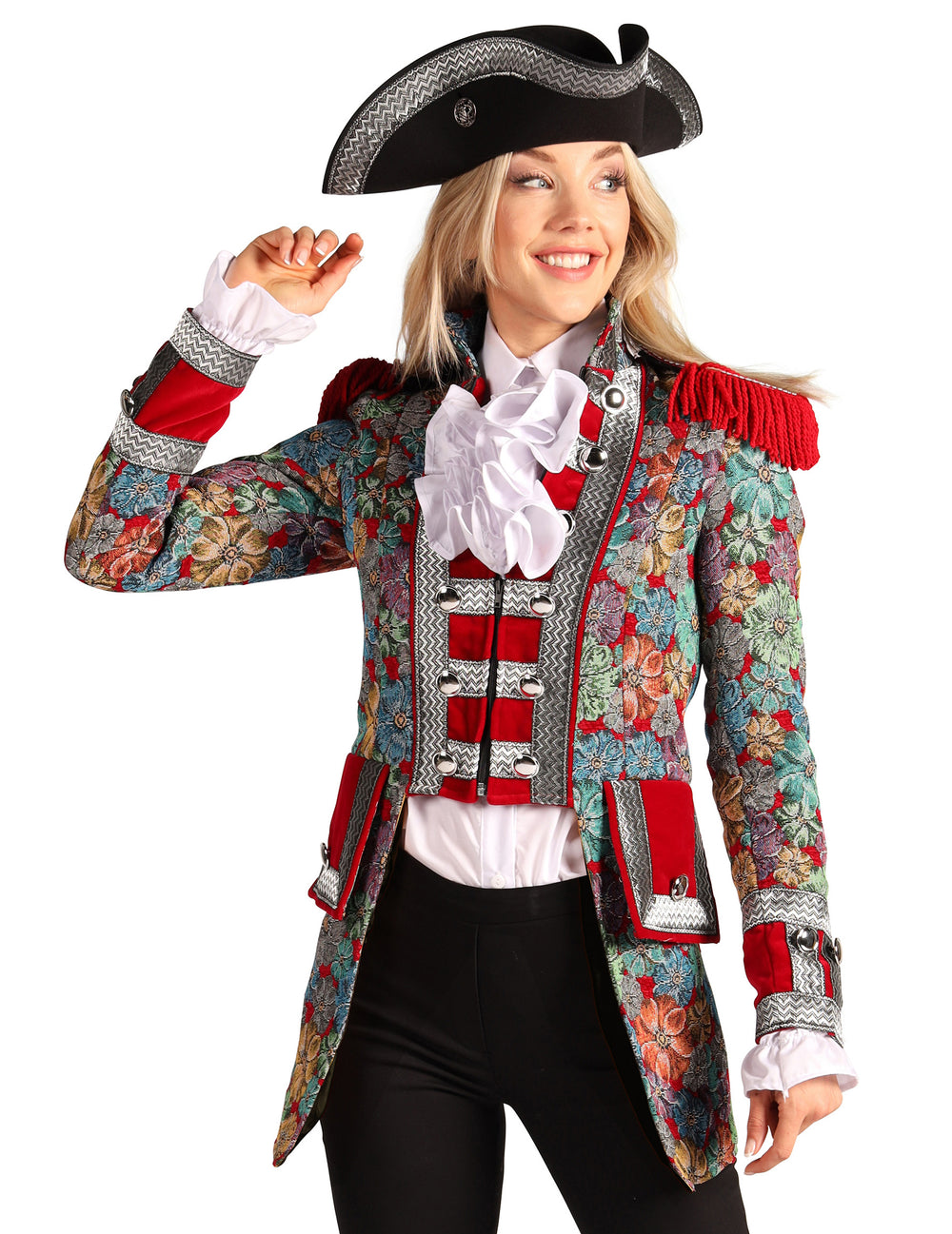 Vue de trois-quarts de la veste de carnaval motif floral haut de gamme