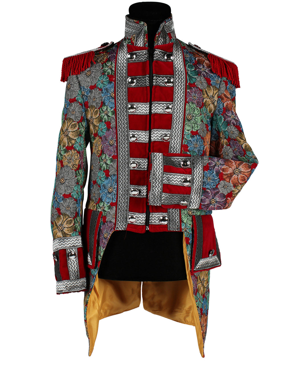 Détail du boutonnage et des manches de la veste de carnaval motif floral haut de gamme