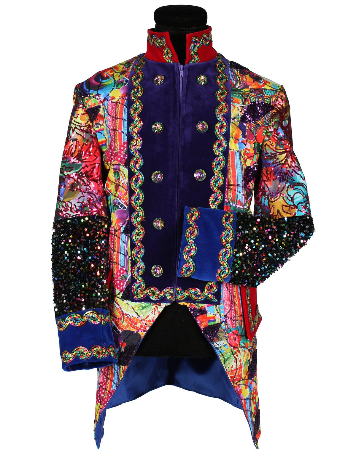 Détail des broderies et sequins de la veste de carnaval style Fiesta Carnavale