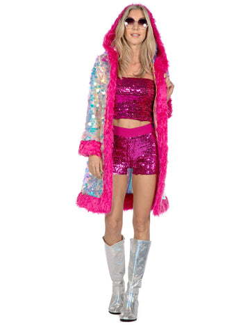 Luksuzna ženska dolga jakna s holografskimi bleščicami