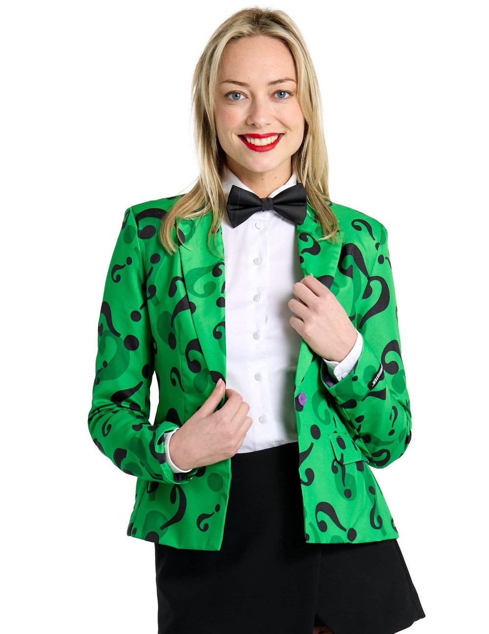 Zeleno ženska jakna Suitmeister Mrs. Riddler z motivom črnih vprašajev