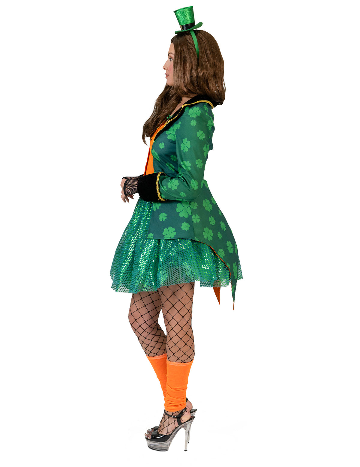 Vue de profil de la veste queue de pie Saint Patrick à trèfles pour femme