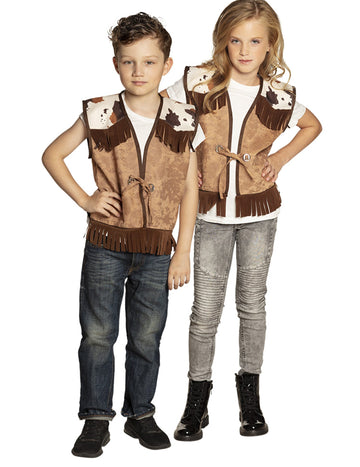 Veste western pour enfant marron clair avec franges et motif vache