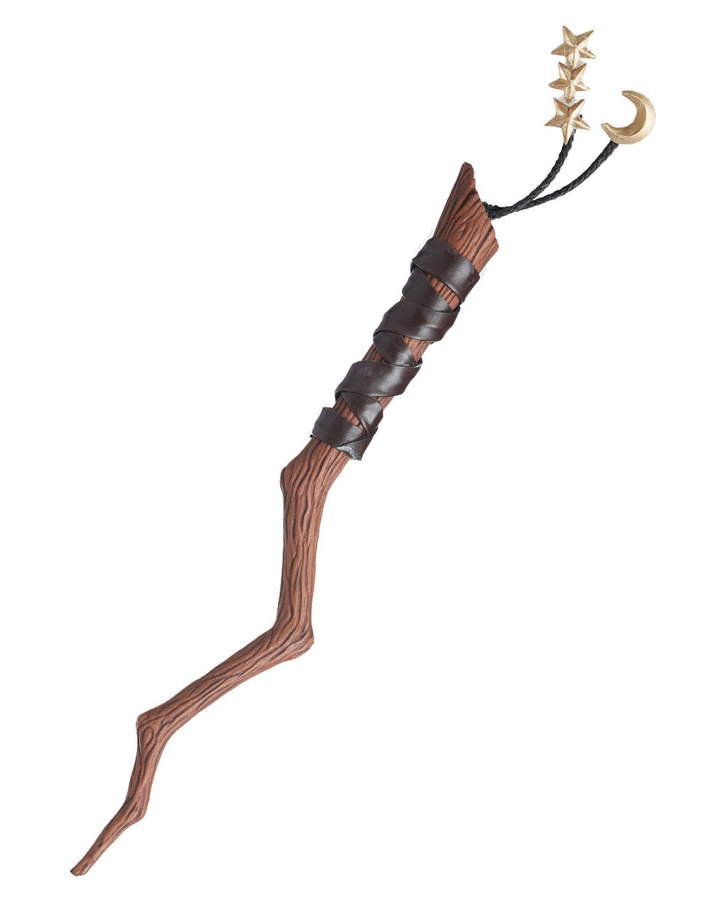 Baguette céleste de magicien et sorcière pour adulte et enfant marron avec étoiles et lune dorées