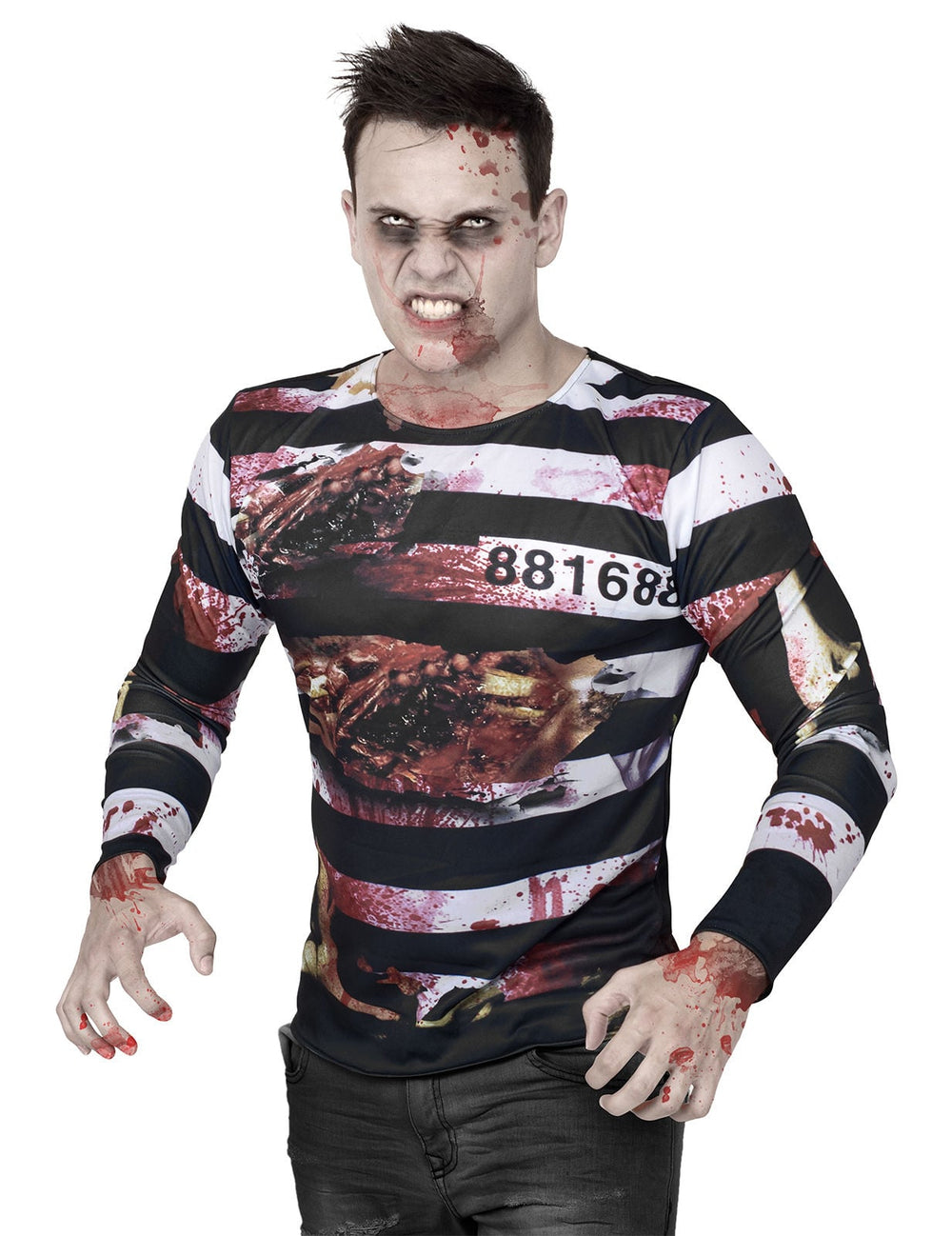 T-shirt de zombie prisonnier Halloween pour homme rayé noir et blanc ensanglanté