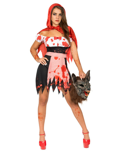 Déguisement de Petit chaperon rouge zombie pour femme rouge et noir ensanglanté
